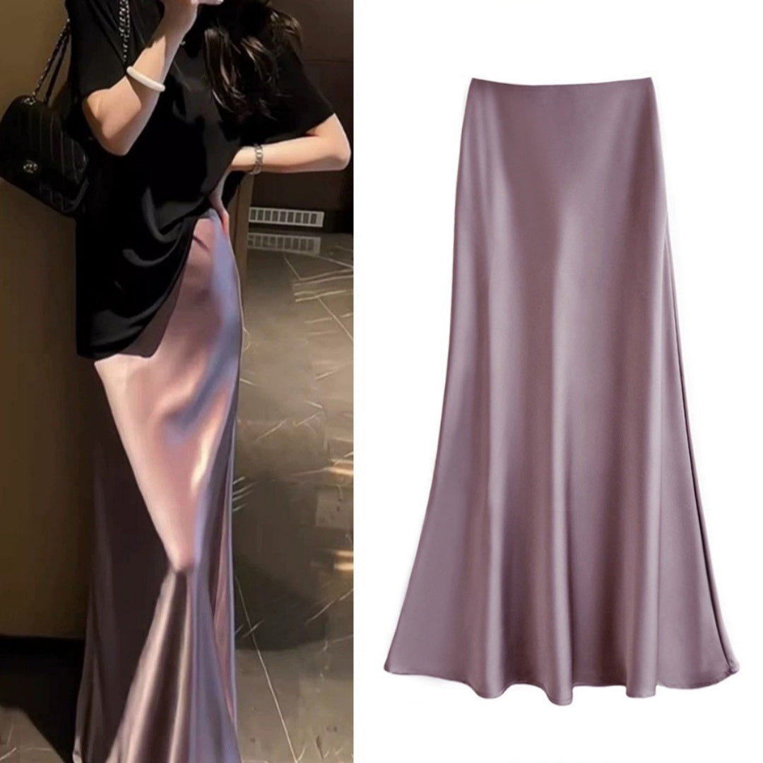 High Waist Slimming Mid-length Satin Acetate Silky Skirt