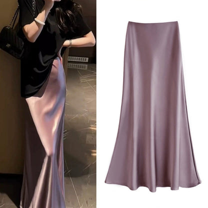 High Waist Slimming Mid-length Satin Acetate Silky Skirt