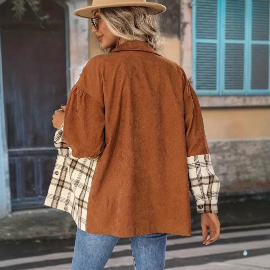 Veste vintage grande taille, veste à carreaux, chemise à revers à manches longues