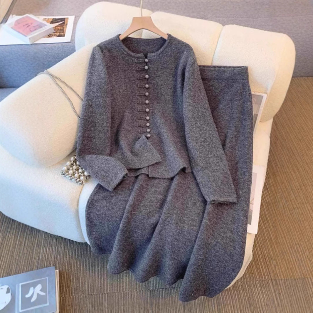 Women's Fashion Chinese Style Solid Color High Sense Sweater Mid-length Dress Set