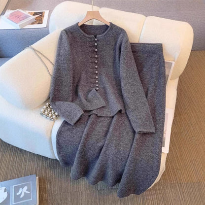 Women's Fashion Chinese Style Solid Color High Sense Sweater Mid-length Dress Set