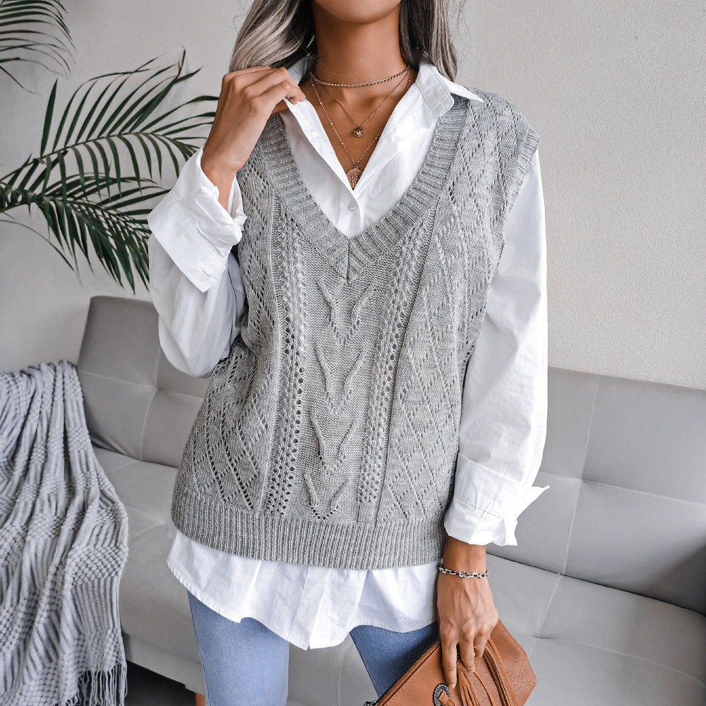 European And American Hollowed Out Twist V-neck Knitted Vest Sweater