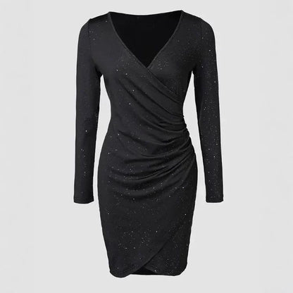 Long-sleeved V-neck Pleated Bodycon Dress For Women