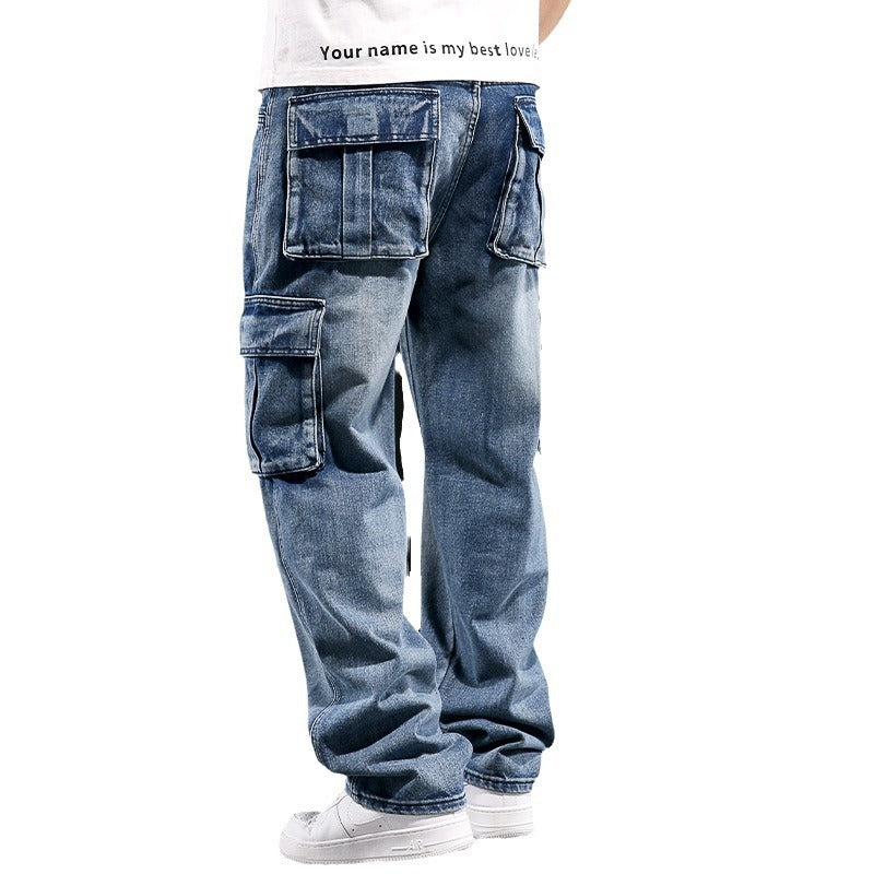Jean de travail américain multi-poches pour homme, coupe ample, coupe large, grande taille