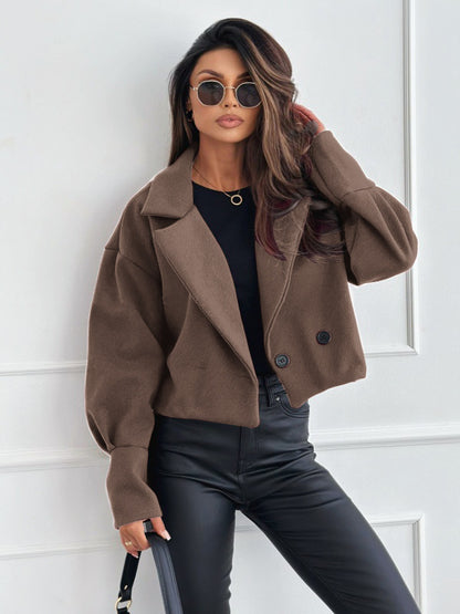 Manteau court en laine à col de costume tendance et polyvalent