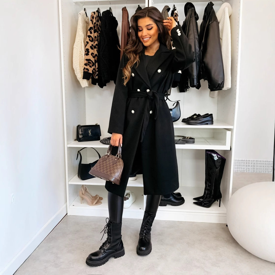 Manteau en laine à lacets et double boutonnage de couleur unie lire les descriptions sur chaque article pour choisir votre bonne grandeur