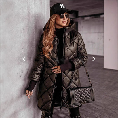Veste d'hiver mi-longue à capuche en coton rembourré pour femme