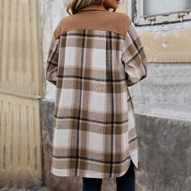Nouveau manteau long à carreaux brossés avec poches, veste d'hiver tendance, vêtements d'extérieur pour femmes