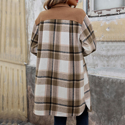 Nouveau manteau long à carreaux brossés avec poches, veste d'hiver tendance, vêtements d'extérieur pour femmes