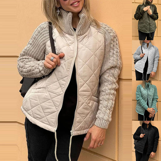 Veste en coton à col montant avec poches, manteau tendance en tricot avec fermeture éclair, hauts chauds d'hiver pour femmes