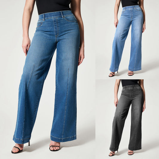 Jean droit pour femme, taille moyenne, pantalon large, taille haute élastique