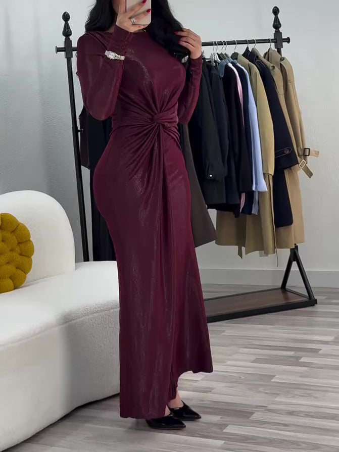 Metallic Maxi Dress With Twist Front Detail And Long Sleeves