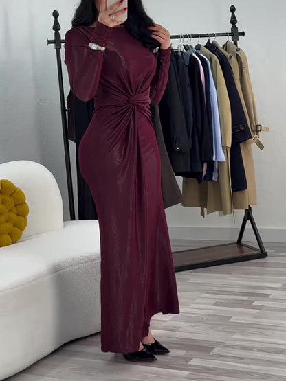 Metallic Maxi Dress With Twist Front Detail And Long Sleeves