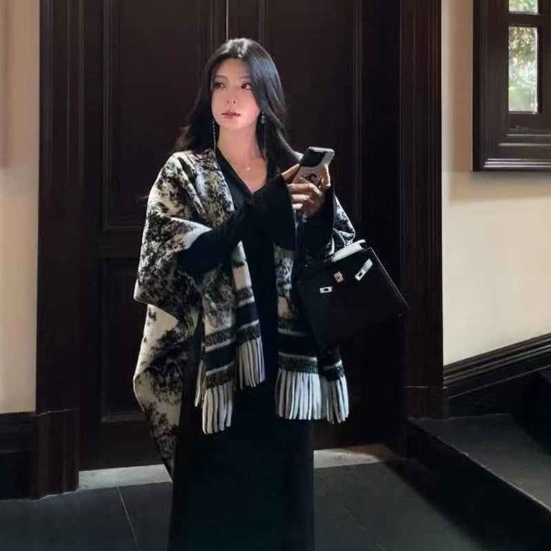 Châle double face avec  pour femme, style rétro, automne et hiver,  très chaud et confortable