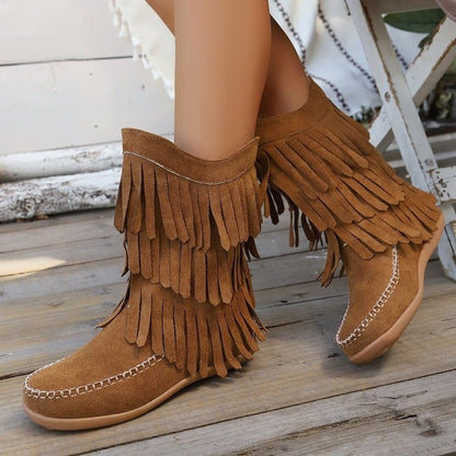 Plus Size Retro Tassel Mid-calf Heel Martin Boots