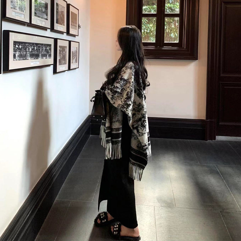 Châle double face avec  pour femme, style rétro, automne et hiver,  très chaud et confortable