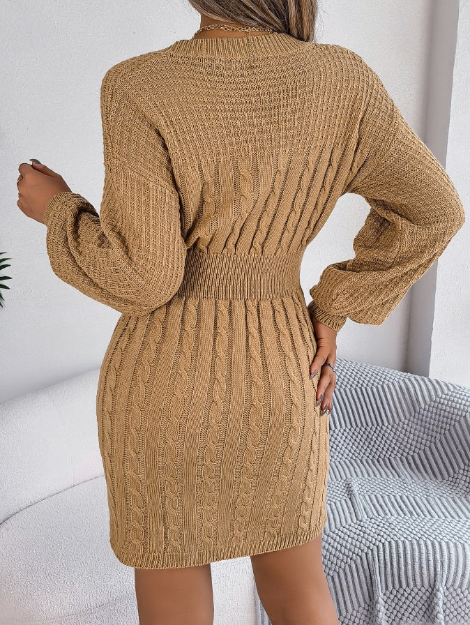 Solid Color Cable Knit Hollow Out Lantern Sleeve Bodycon Sweater Dress