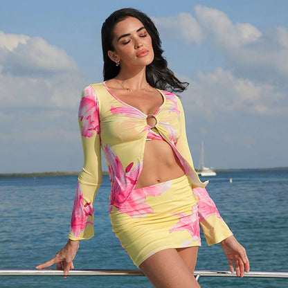 Women's Floral Print Long-Sleeve Jumpsuit With Hoop And Slit