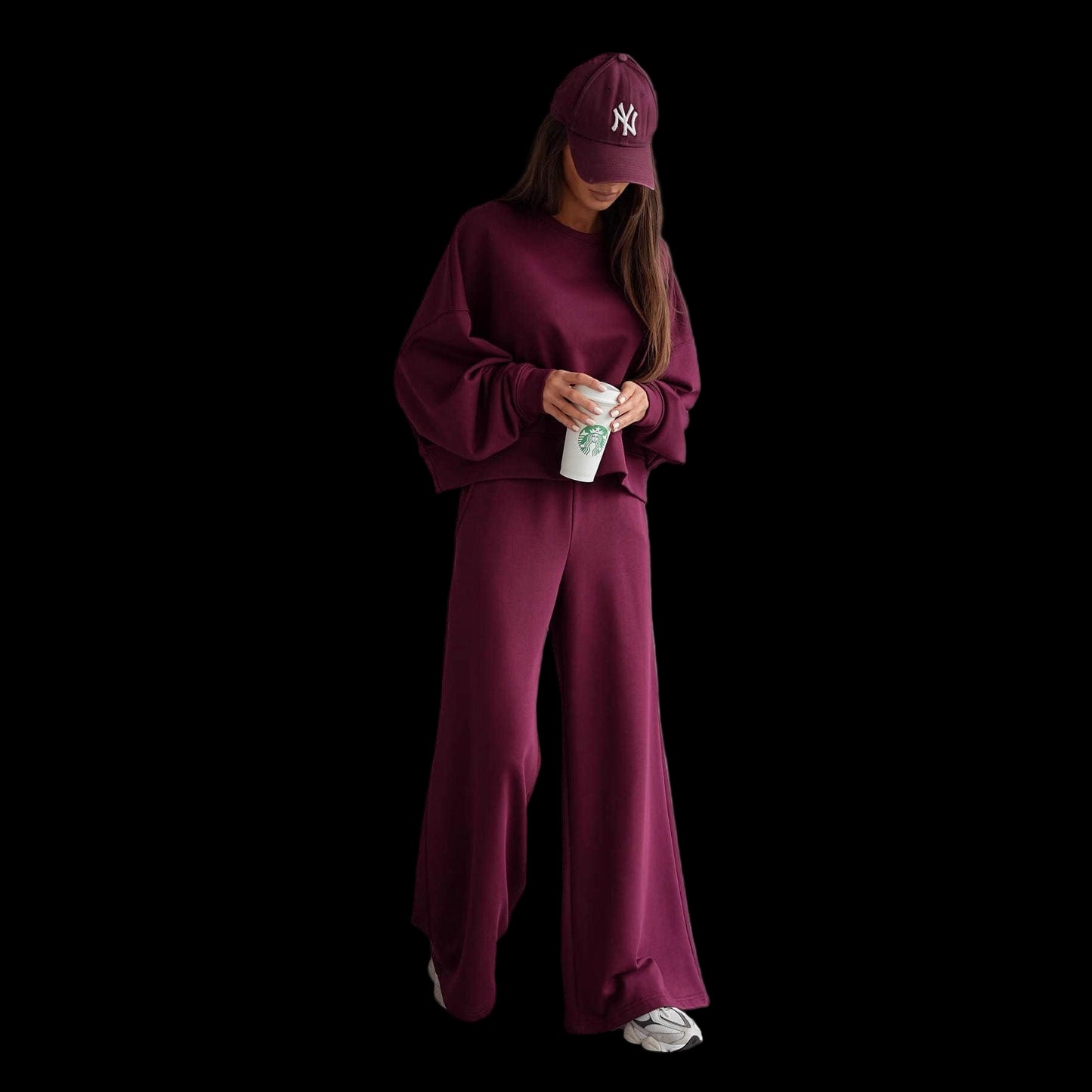 Autumn And Winter Round Neck Long Sleeve Wide Leg Pants Two-piece Set