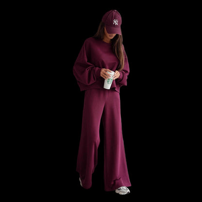 Autumn And Winter Round Neck Long Sleeve Wide Leg Pants Two-piece Set