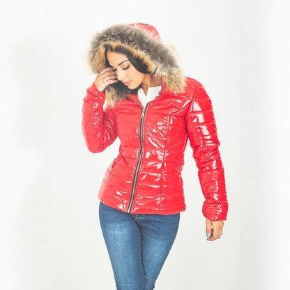 Womens Cropped Puffer Coat With A Large Fur Collar