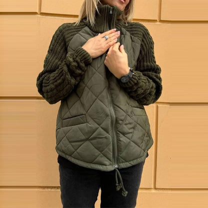 Veste en coton à col montant avec poches, manteau tendance en tricot avec fermeture éclair, hauts chauds d'hiver pour femmes