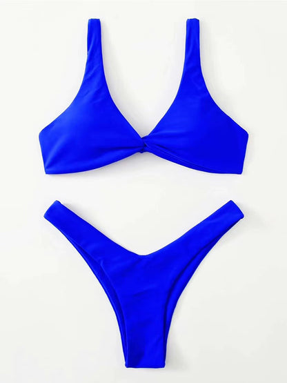 Pure Color Knotted Sexy High-footed Bikini Strap Split Swimsuit