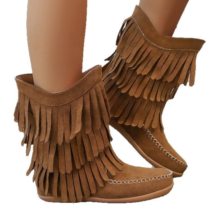Plus Size Retro Tassel Mid-calf Heel Martin Boots