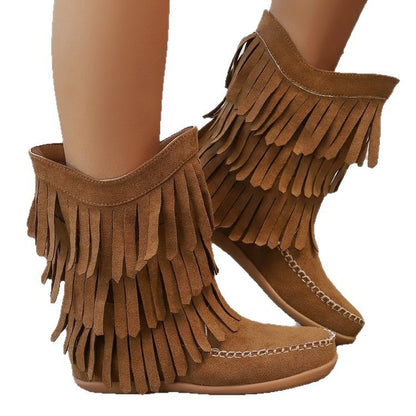Plus Size Retro Tassel Mid-calf Heel Martin Boots