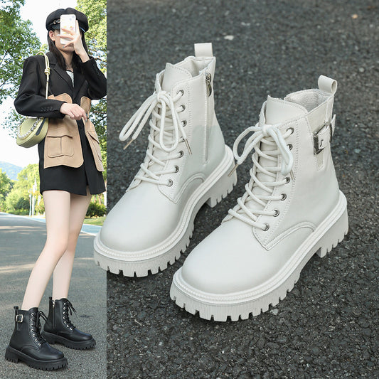 Bottines noires à lacets et boucle de ceinture de style britannique pour l'automne et l'hiver