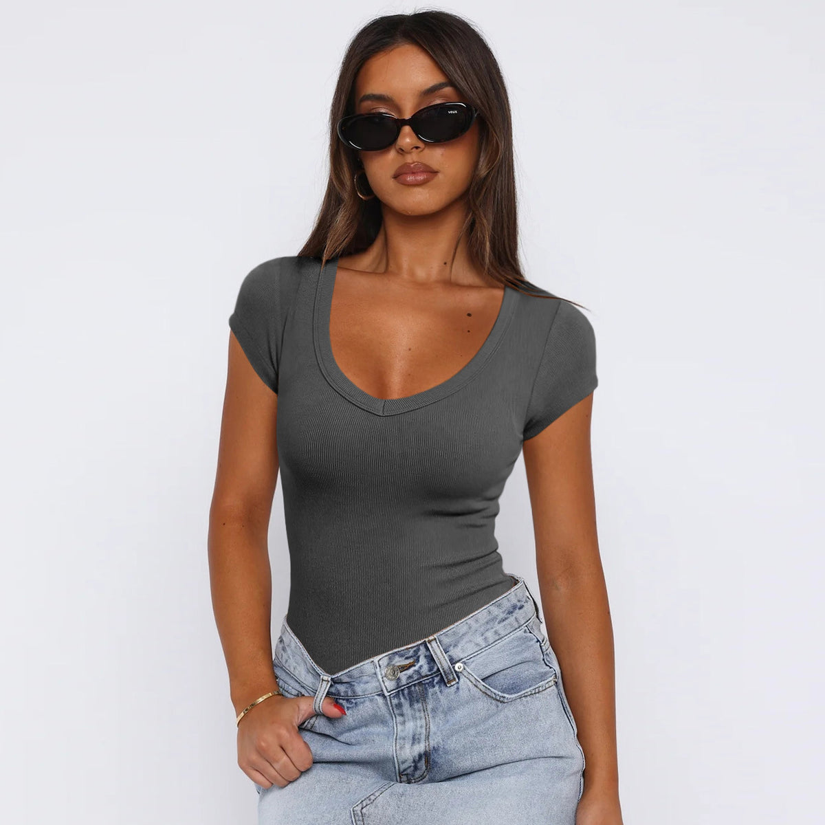 Womens Ribbed Pullover Solid Color Versatile And Stylish Short Sleeves