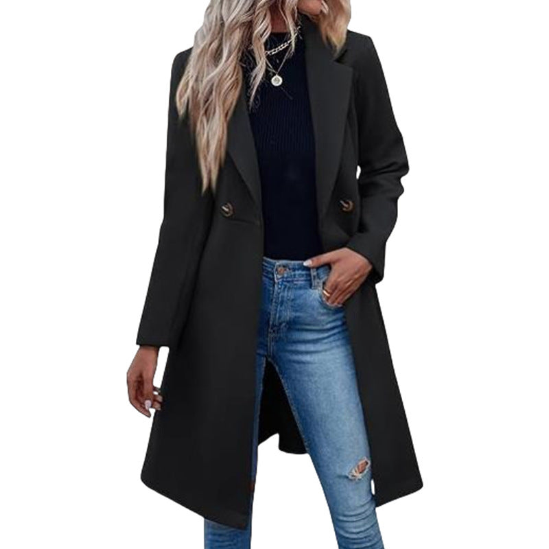Manteau long en laine à double boutonnage et lacets pour femme