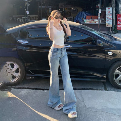 Pantalon taille basse style rétro américain à pattes d'éléphant, coupe slim, amincissant, extensible.