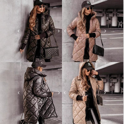 Veste d'hiver mi-longue à capuche en coton rembourré pour femme