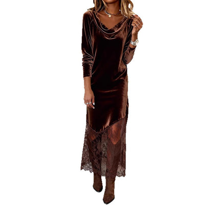 Elegant Irregular Stitching Lace Dress Long Sleeve
