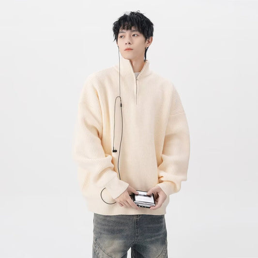 American-style Half Zipper Destroyed Sweater Men's Autumn And Winter Loose Lazy Style