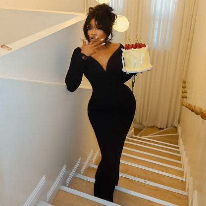 High-slit Backless V-neck Long-sleeved Bodycon Dress