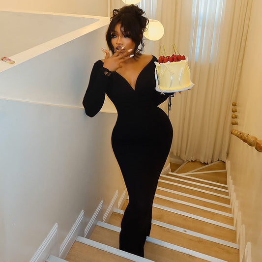 High-slit Backless V-neck Long-sleeved Bodycon Dress