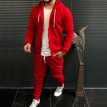 Mens Fashion Solid-Color Casual Hooded Cardigan Set