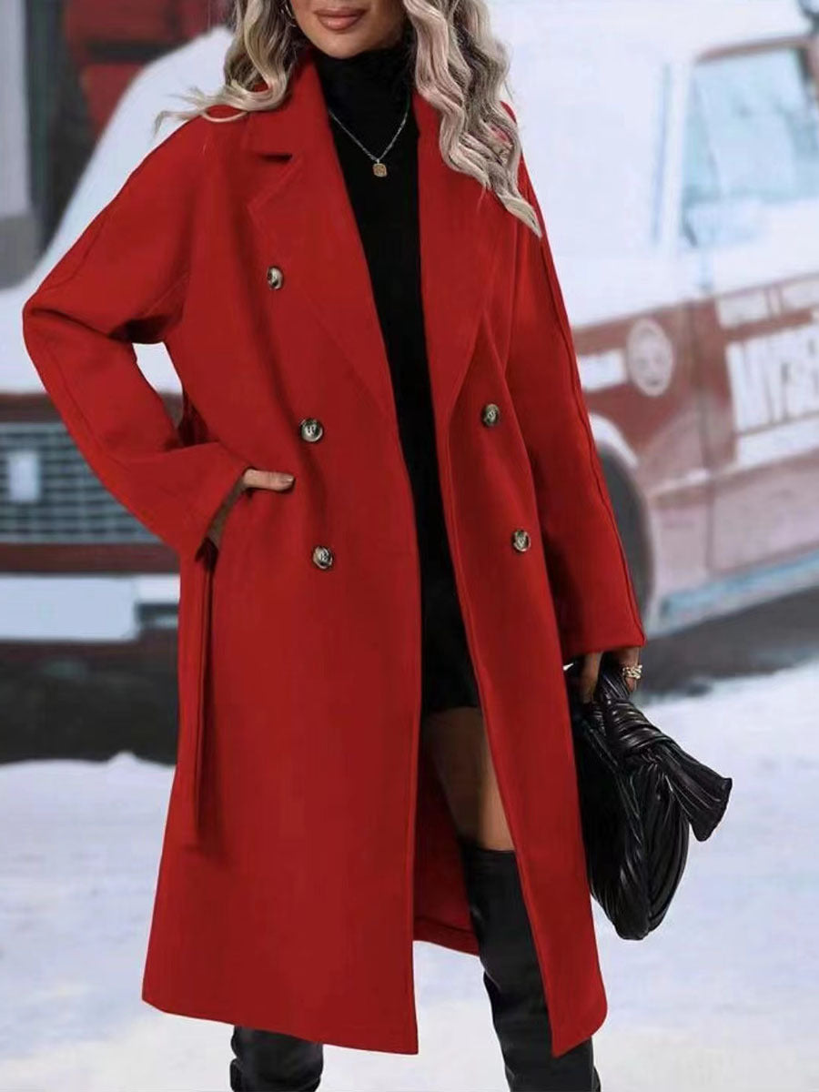 Trench-coat croisé à revers avec ceinture, mode hiver, veste longue couleur unie, vêtements d'extérieur pour femmes