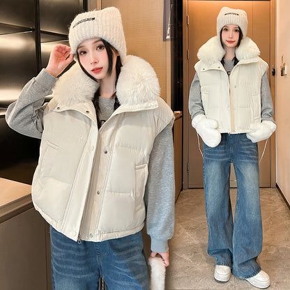 Gilet ample en coton à gros col en fourrure pour femme, fermeture éclair très a la mode.
