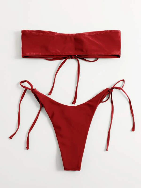 Women's Split Low Waist No Strap Solid Color Tube Top Swimsuit