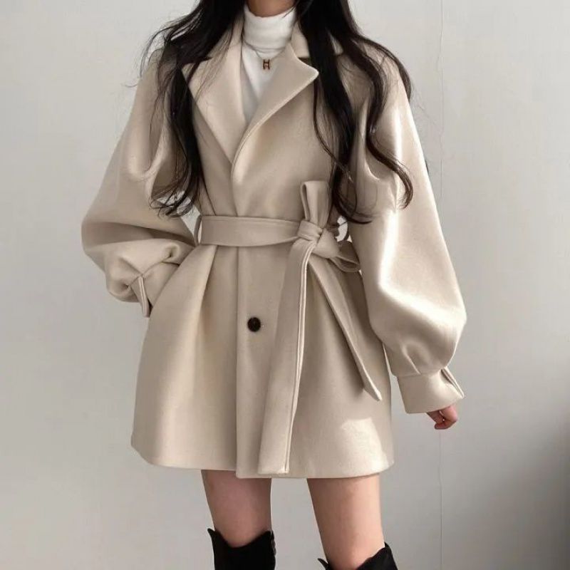 Manteau coupe-vent ample en laine pour femme, col tailleur, mi-long et petit
