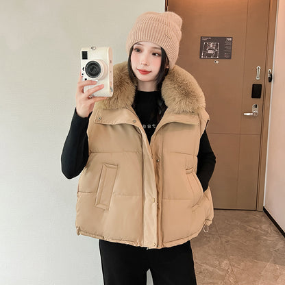 Gilet ample en coton à gros col en fourrure pour femme, fermeture éclair très a la mode.