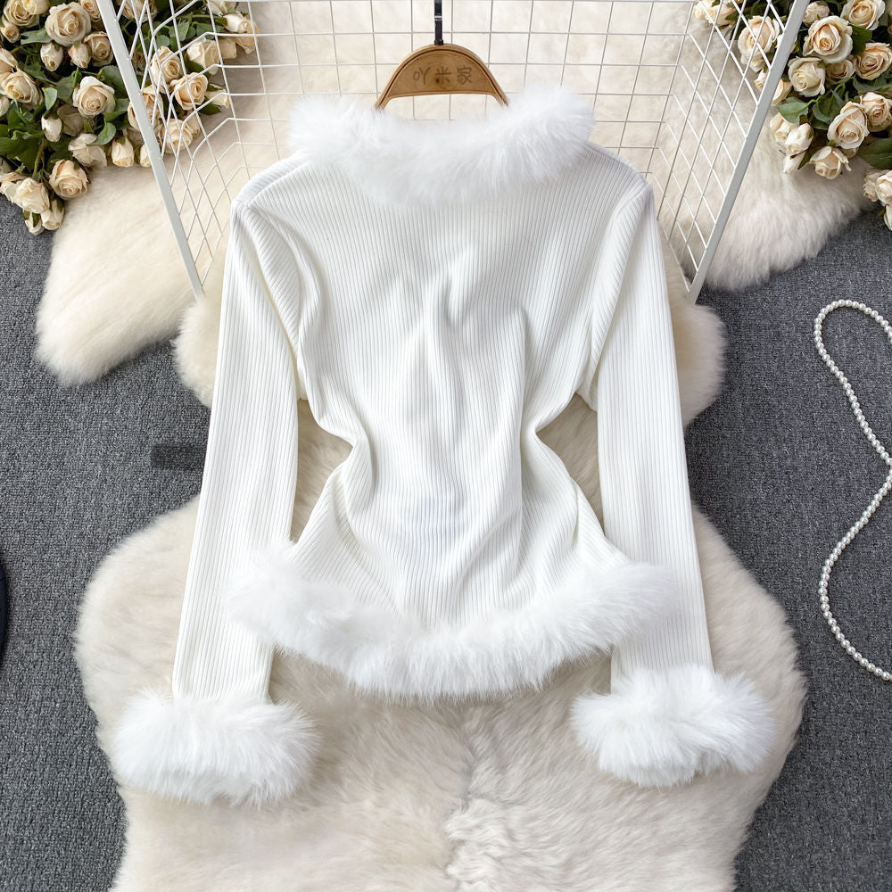 Pure Desire V-neck Stitching Bell Sleeve Slim Slimming And Simple Sweater