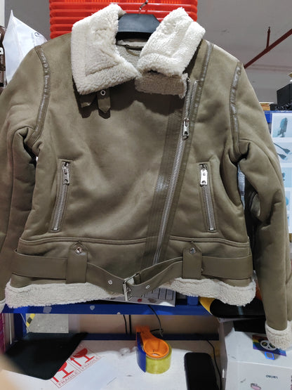 Veste d'hiver à revers en daim et laine d'agneau, manteau chaud pour moto, vêtements d'extérieur pour femmes