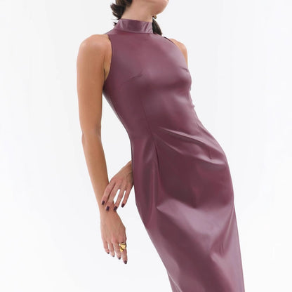 Sleeveless Stand Collar Temperament Split Slim-fit Solid Color Dress