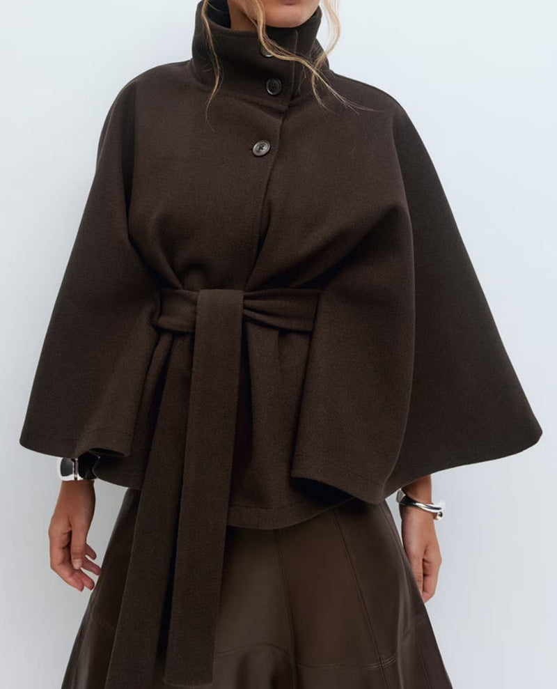Manteau d'hiver à col montant et manches chauve-souris avec ceinture, trench-coat ample et élégant à boutons pour femme très chic