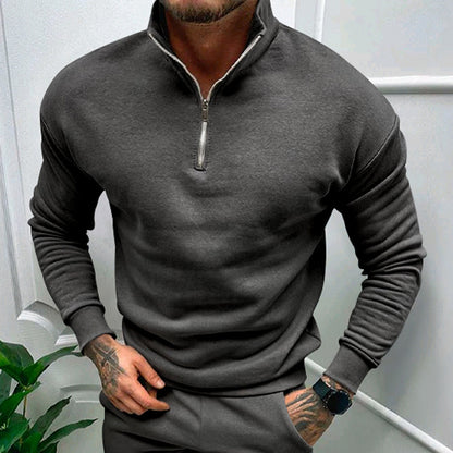 Sweat-shirt zippé de couleur unie pour homme, haut à manches longues doublé polaire, automne et hiver