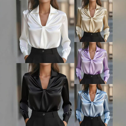 Autumn Fashion Temperament Solid Color Satin Pleated Long Sleeve Shirt Women